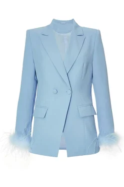 Quiz Petite Feather Trim Blazer Light Blue Discount