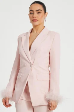 Quiz Petite Feather Trim Blazer Light Pink