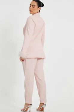 Quiz Petite Feather Trim Blazer Light Pink
