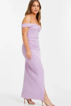 Quiz Petite Lilac Ruched Bardot Maxi Dress Clearance