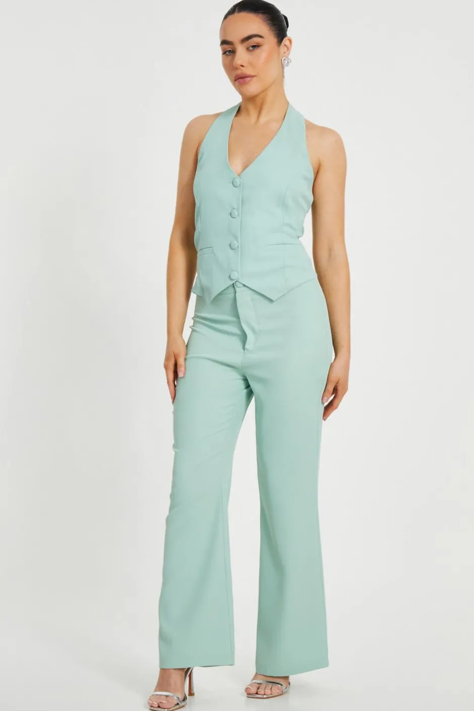 Quiz Petite Mint Flared Tailored Trousers