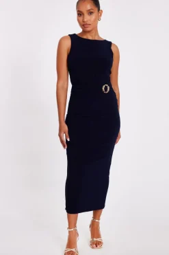Quiz Petite Navy Buckle Detail Midi Dress New