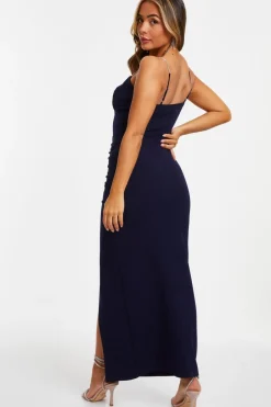 Quiz Petite Navy Diamante Ruched Maxi Dress Discount