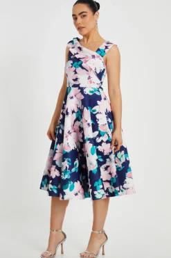 Quiz Petite Navy Floral Print Skater Dress Hot