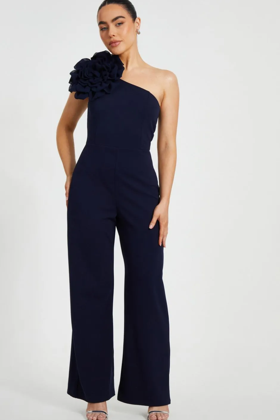Quiz Petite Navy One Shoulder Floral Jumpsuit Sale
