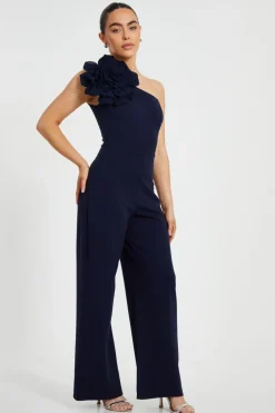 Quiz Petite Navy One Shoulder Floral Jumpsuit Sale