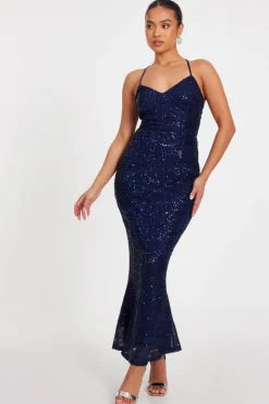 Quiz Petite Navy Sequin Fishtail Maxi Dress Online