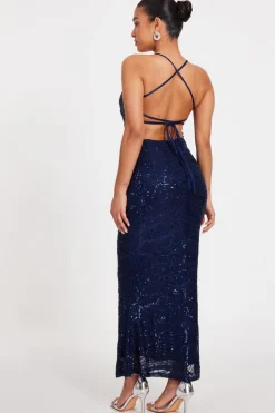 Quiz Petite Navy Sequin Fishtail Maxi Dress Online