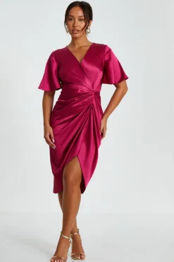 Quiz Petite Raspberry Satin Ruched Wrap Midi Dress Outlet