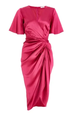 Quiz Petite Raspberry Satin Ruched Wrap Midi Dress Outlet
