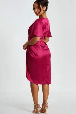 Quiz Petite Raspberry Satin Ruched Wrap Midi Dress Outlet
