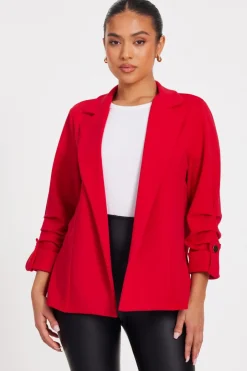 Quiz Petite Ruched Sleeve Blazer Red Outlet