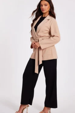 Quiz Petite Tie Waist Blazer Stone Clearance