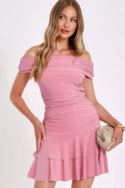 Quiz Pink Bardot Ruched Mini Dress Clearance
