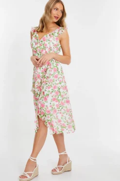 Quiz Pink Chiffon Floral Ruffle Wrap Midi Dress Outlet