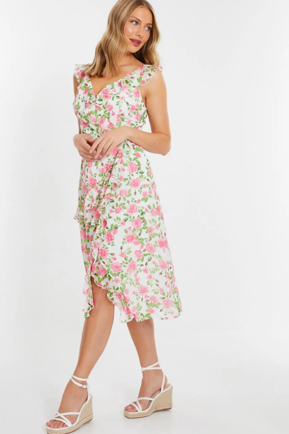 Quiz Pink Chiffon Floral Ruffle Wrap Midi Dress Outlet