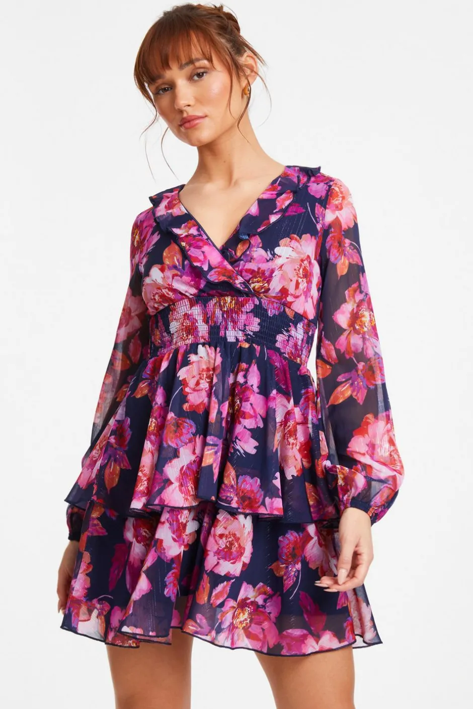 Quiz Pink Chiffon Floral Tiered Skater Mini Dress New