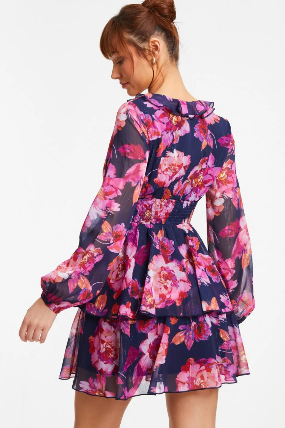 Quiz Pink Chiffon Floral Tiered Skater Mini Dress New
