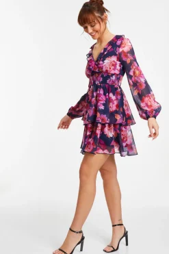 Quiz Pink Chiffon Floral Tiered Skater Mini Dress New