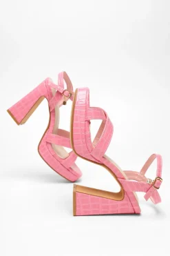 Quiz Crocodile Cross Strap Platform Heeled Sandal Pink Clearance