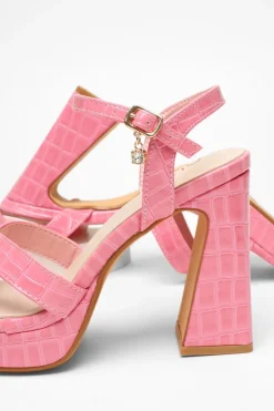 Quiz Crocodile Cross Strap Platform Heeled Sandal Pink Clearance