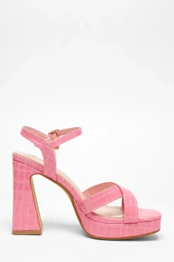 Quiz Crocodile Cross Strap Platform Heeled Sandal Pink Clearance