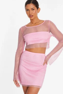 Quiz Pink Diamante Embellished Mesh Crop Top Hot