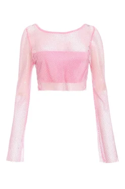 Quiz Pink Diamante Embellished Mesh Crop Top Hot