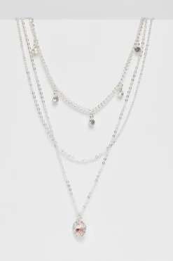 Quiz Diamante Jewel Layered Necklace Pink Hot