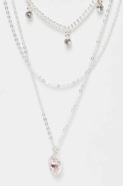 Quiz Diamante Jewel Layered Necklace Pink Hot