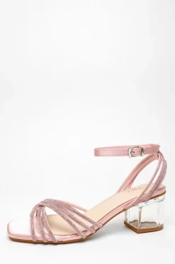 Quiz Diamante Strap Low Heeled Sandals Pink Outlet