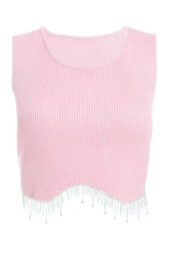 Quiz Pink Diamante Trim Crop Top