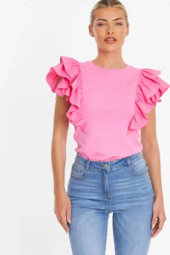 Quiz Pink Double Frill Sleeve Top New