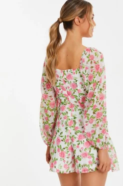 Quiz Pink Floral Chiffon Playsuit Clearance
