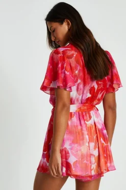 Quiz Pink Floral Metallic Wrap Playsuit New