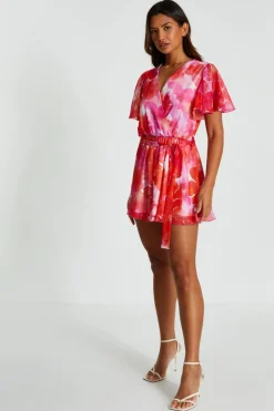 Quiz Pink Floral Metallic Wrap Playsuit New