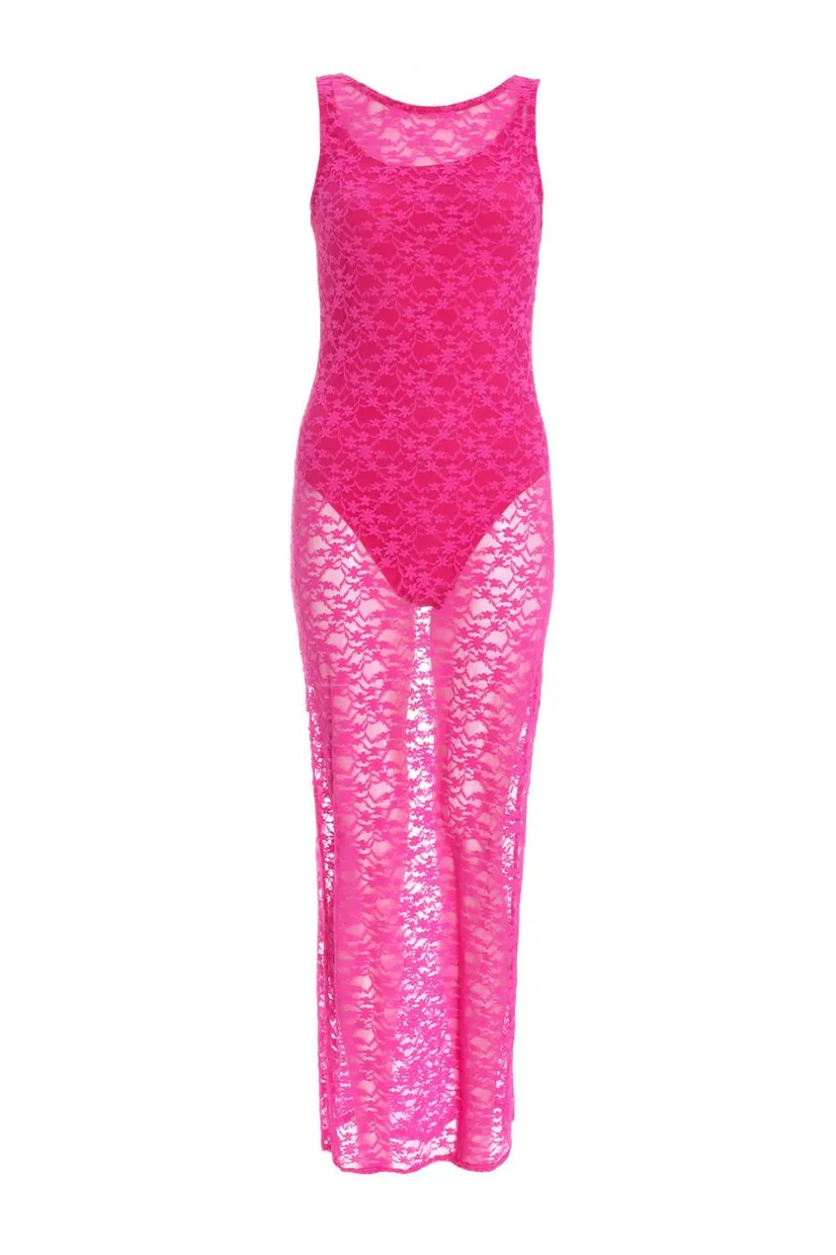 Quiz Pink Lace Mesh Midaxi Dress