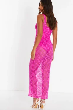 Quiz Pink Lace Mesh Midaxi Dress