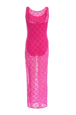 Quiz Pink Lace Mesh Midaxi Dress