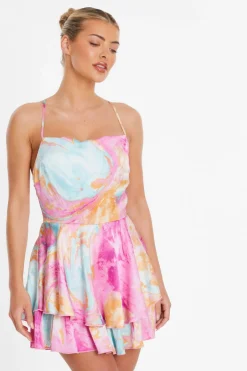 Quiz Pink Marble Print Satin Tiered Playsuit Clearance
