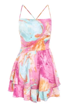 Quiz Pink Marble Print Satin Tiered Playsuit Clearance