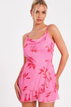 Quiz Pink Mesh Floral Playsuit Online