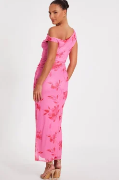 Quiz Pink Mesh Floral Print Midaxi Dress