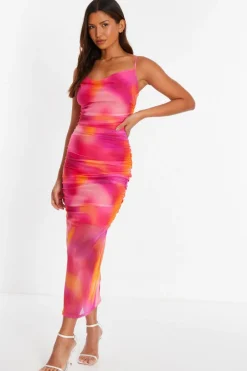 Quiz Pink Print Mesh Cowl Neck Midaxi Dress Discount