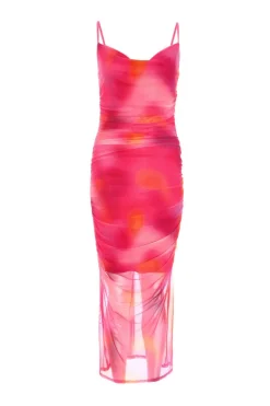 Quiz Pink Print Mesh Cowl Neck Midaxi Dress Discount