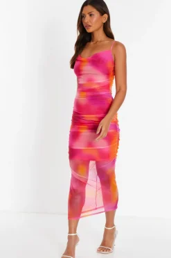 Quiz Pink Print Mesh Cowl Neck Midaxi Dress Discount
