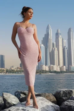 Quiz Rhinestone Bodycon Midi Dress Pink New