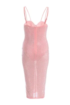Quiz Rhinestone Bodycon Midi Dress Pink New