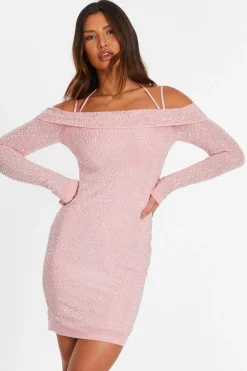 Quiz Pink Rhinestone Cold Shoulder Dress New
