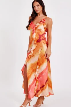 Quiz Pink Ruffle Printed Midaxi Dress Discount